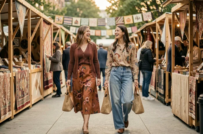 Deux femmes tendance se promenant dans un marché en plein air avec des tenues mode colorées et sacs en raphia