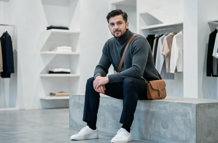Homme stylé en col roulé gris et pantalon marine assis dans une boutique de mode minimaliste, look tendance saison