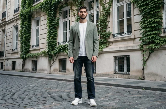 Homme stylé en blazer oversize vert sauge et jean droit posant dans une rue pavée parisienne tendance mode homme