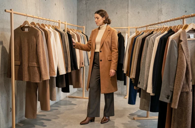 Femme élégante en manteau camel tendance automne-hiver faisant du shopping dans une boutique de mode minimaliste