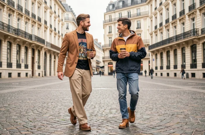 Deux amis marchant sur une place pavée parisienne avec des tenues mode urbaine tendance, blazer camel et coupe-vent color block