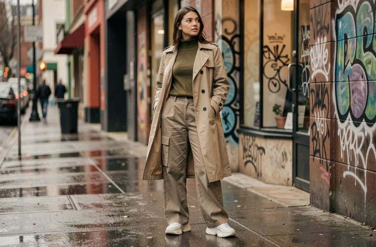 Femme portant un trench coat beige oversize et un pantalon cargo sur un trottoir urbain mouillé, tendances mode automne-hiver