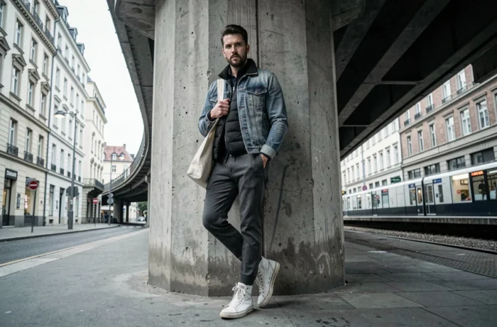 Homme en veste puffer noire et denim sous une structure métropolitaine, look mode urbaine tendance hiver