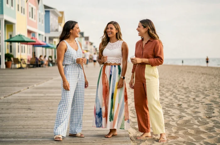 Trois amies en tenues estivales tendance avec motifs et couleurs variés sur une promenade en bord de mer
