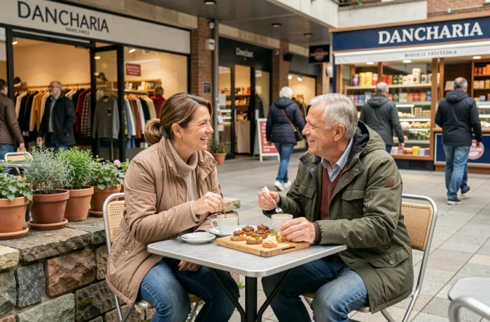 Couple en terrasse dégustant des pintxos et un café lors d'une pause shopping au centre commercial de Dancharia