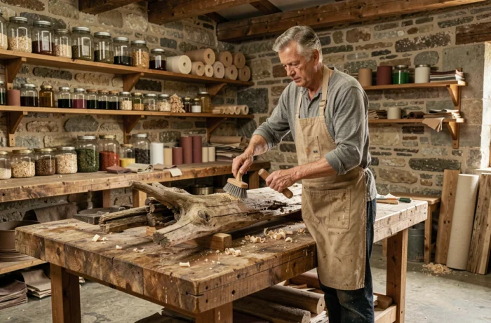 Artisan traitant du bois flotté à l'établi dans un atelier rustique en brossant la surface avec une brosse métallique