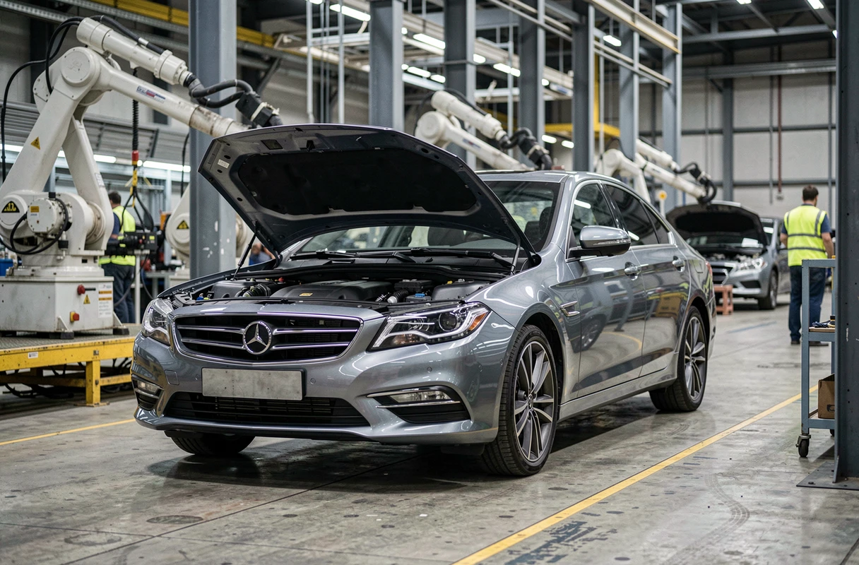 Chaîne de montage automobile dans une usine industrielle Stellantis avec véhicule en production