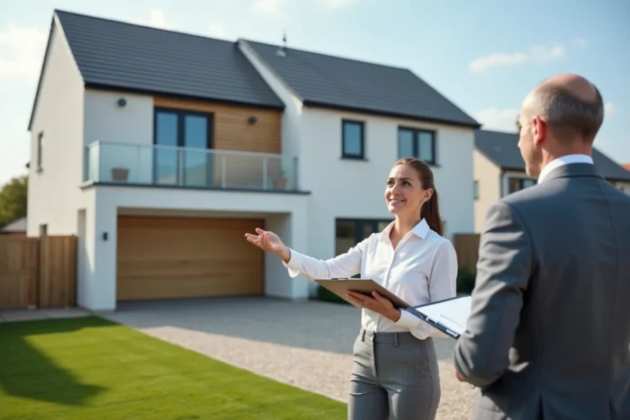 Agente immobilière présentant une maison neuve à un acheteur potentiel lors d'une visite extérieure avec documents en main