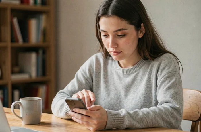 Jeune femme consultant ses invitations envoyées sur Instagram depuis son smartphone à son bureau