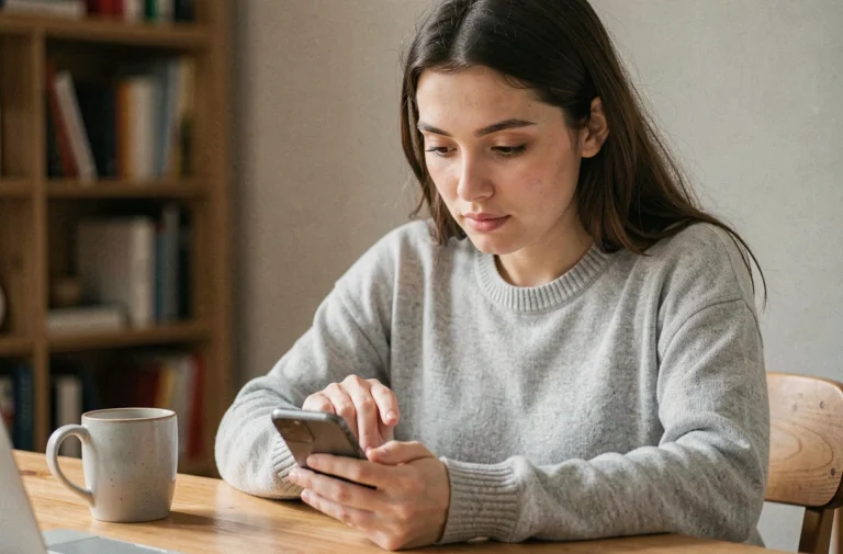 Jeune femme consultant ses invitations envoyées sur Instagram depuis son smartphone à son bureau