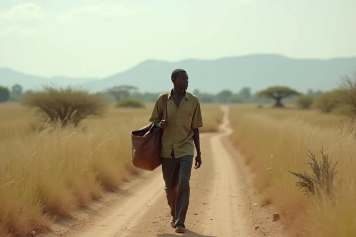 Jeune homme marchant sur un chemin de terre dans la savane aride près de Koriom au Soudan du Sud
