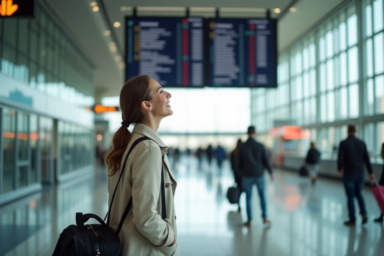 Femme souriante devant un tableau des départs dans un aéroport pour un voyage dernière minute depuis Nantes