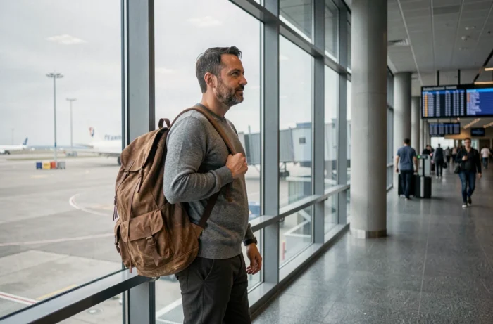 Voyageur en attente dans un aéroport international avec sac à dos, regardant le tarmac